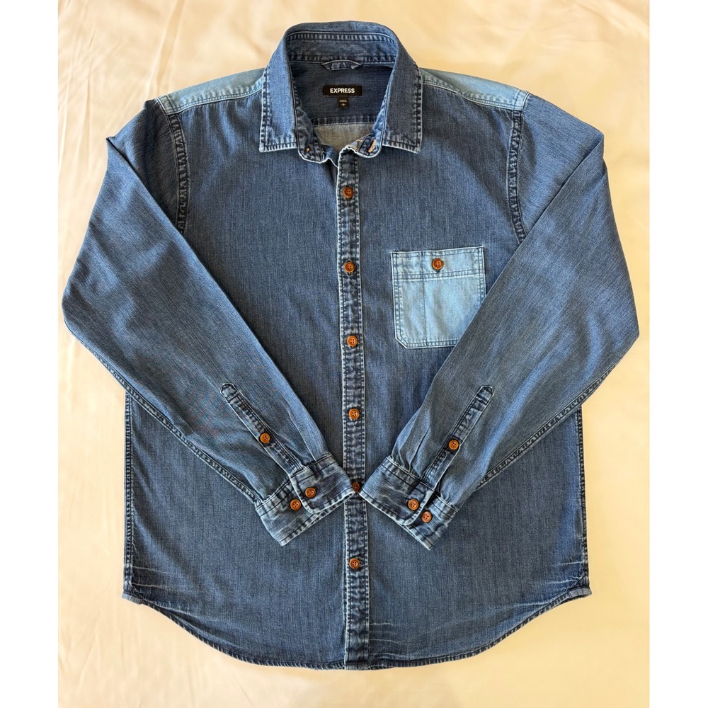 Express Denim Shirt Colorblock Patchwork Long Sleeve Button Up Two Tone Sz Large